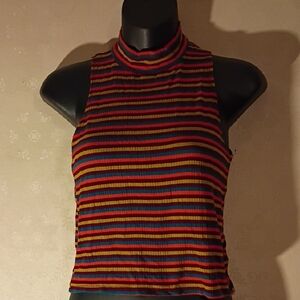 Striped Y2K  Hippie Boho Sleeveless Turtleneck Top. Great Vibe! Size Medium.